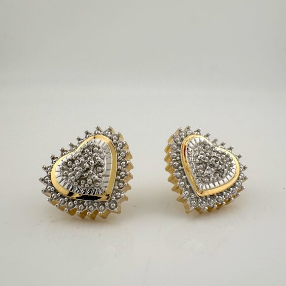 Two Tone Diamond Heart Stud Earrings in Sterling with 14 kt Gold Overlay - Picture 7 of 15